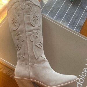 Beige Knee-High Western Boots